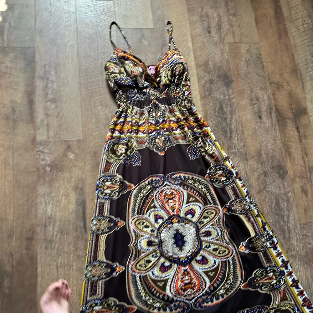 Women's SHESWOL Maxi Dress L Brown Orange Paisley Y2K - Picture 3 of 13